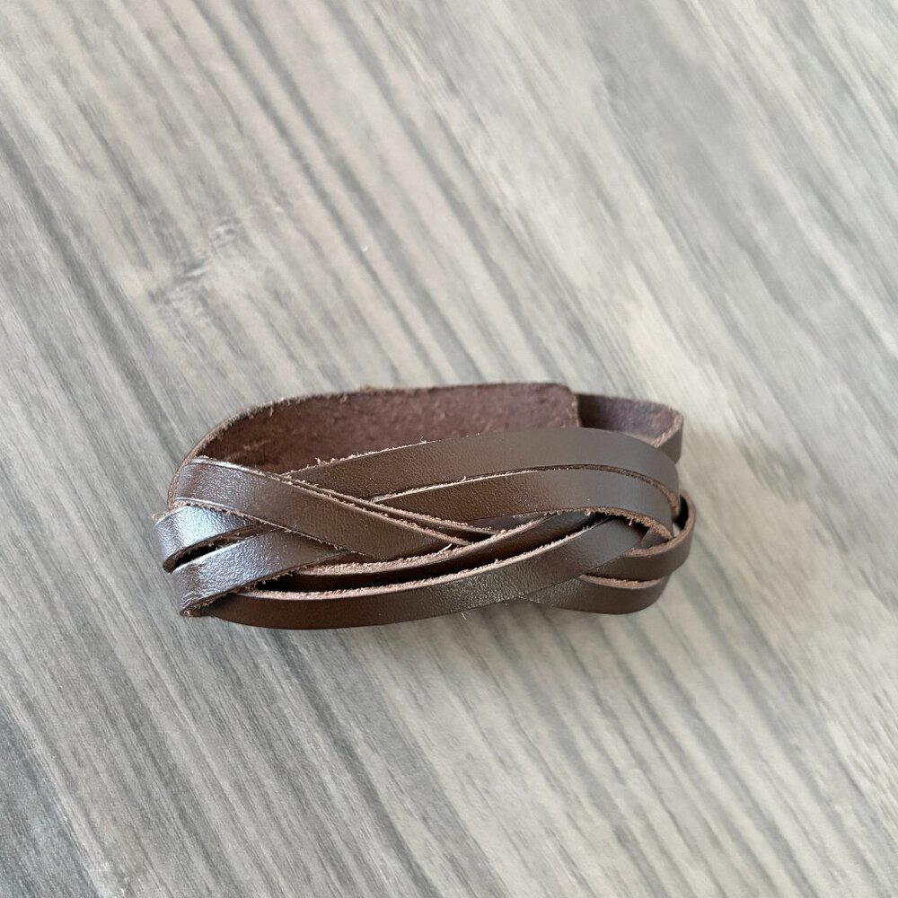 Men’s Brown Braided Leather Cuff Bracelet Snap Closure - Pre-owned